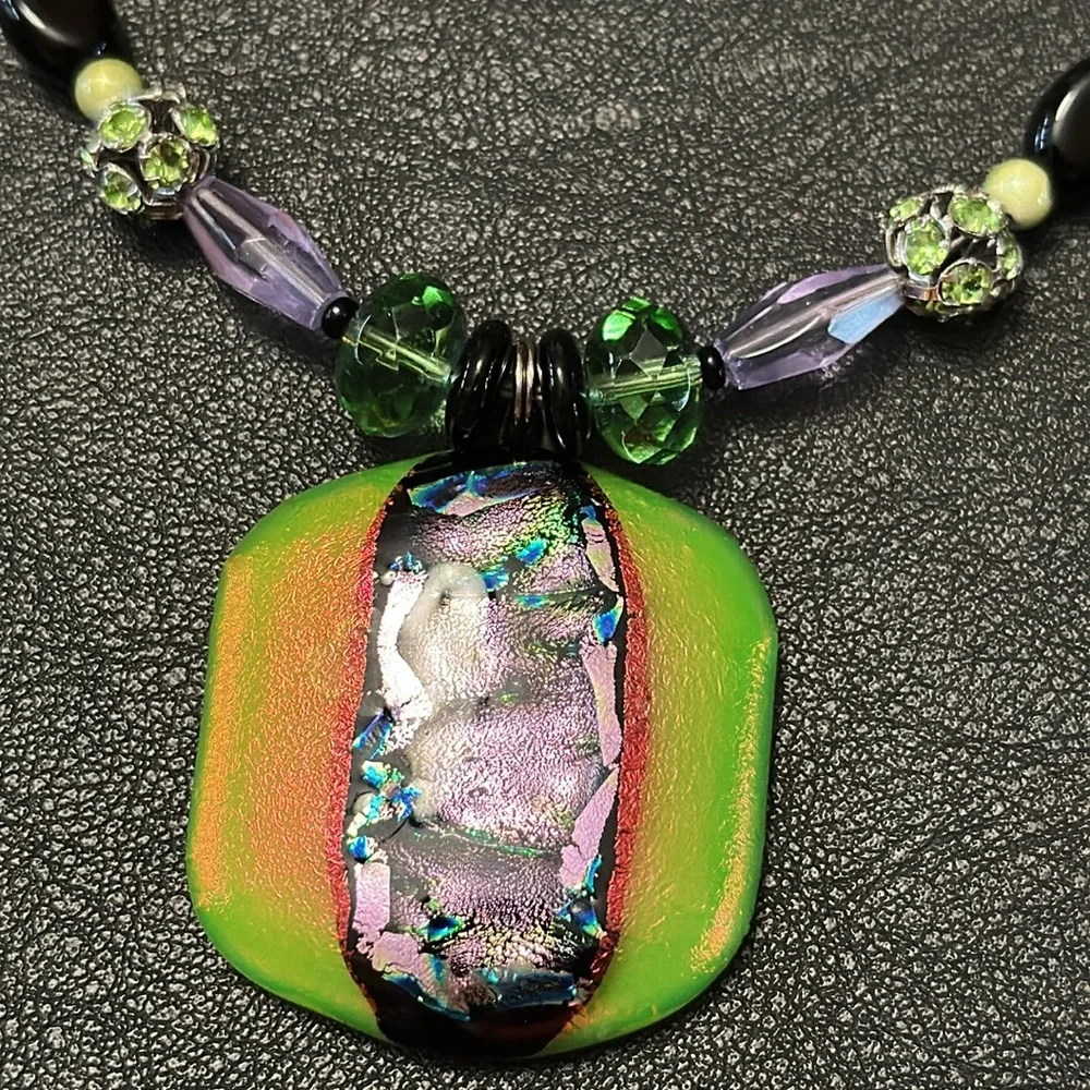 Dichroic Glass Pendant & Glass Beads Shepherd Hook Necklace